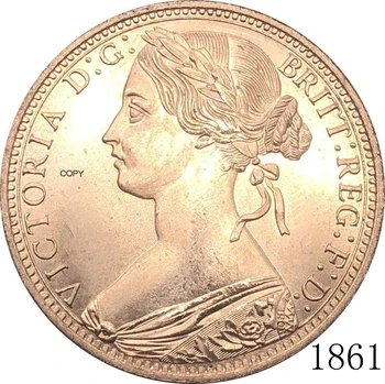 Великобритания 1861 1 Едно Пени, Кралица Виктория Великобритания Бронзов Портрет на Фотокопирната Монета от Червена Мед с Гладък Ръб