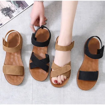 2022 Летни дамски сандали От изкуствена кожа с плетене на една кука и линия, дамски обувки на равна подметка, Класически дамски Сандали с отворени пръсти, ежедневни Плажни обувки от мека кожа в Римски стил