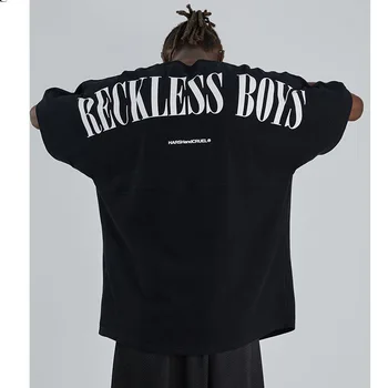 2022 Лятна Нова ежедневната мъжка тениска модна градинска облекло в стил хип-хоп, черна мъжка тениска, памучен тениска с писмото принтом, негабаритная риза, Мъжки топ