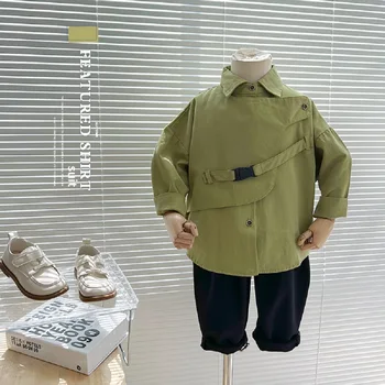 2022 Модерна Нова детски дрехи, детски Корейската армия Зелена Риза, яке, пролетно-есенна красива риза с сращиванием за момчета