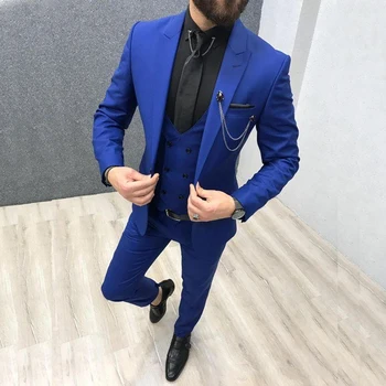 2022 Мъжки костюми на Кралския син цвят от три предмети с Остър Ревери По поръчка, Сватбени Смокинги, Приталенные Мъжки Костюми (Яке + Панталон + Елек + Вратовръзка)