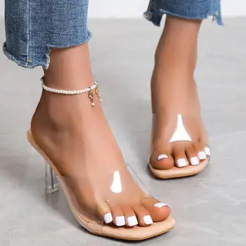 2022 Нови Летни дамски прозрачни чехли от PVC с високи токчета, дамски сандали на ток с квадратни пръсти, дамски джапанки, Размер 41