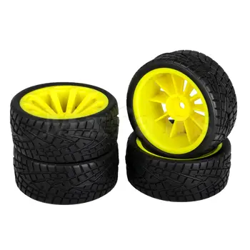 4 Черни гумени гуми и 4 жълти джанти диск RC1: 10 на пътната кола 52x26 мм 0