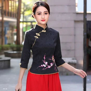 4XL Плюс Размер Рокля Блуза, Яке Традиционната Китайска Дрехи За Жени Стил Бродерия Източване на Китайска Риза Костюм Qipao Комплекти 0