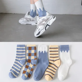 5 двойки/лот, Модни Чорапи с герои от анимационни филми, За Жените, Есенни Сладък Меки Дишащи Чорапи, Дамски Ежедневни Чорапи на райета