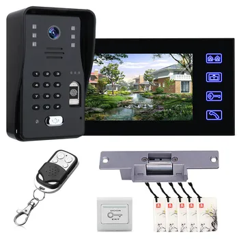 7 инча Пръстови Отпечатъци RFID видео домофон система, Интерком, Звънец Комплекти без Електрическо Заключване + дистанционно Отключване на RFID