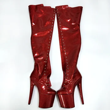 8 инча На ток за стриптийз, Нов Стил, ботуши над коляното 20 см, Червени обувки за танци на платформа, обувки за нощен клуб в готически стил, дамски Модни обувки дантела