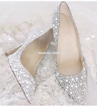 ALMUDENA/Женски сватбени обувки с Блестящи Сребърни Орнаменти и Кристали, блестящи обувки-лодка с остри Пръсти, украсени с Мъниста, обувки-лодка на висок ток, обувки с Кристали