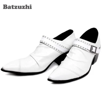 Batzuzhi/ бели сватбени мъжки кожени обувки с дължина 6,5 см; мъжки обувки на висок ток с остър пръсти и се деформира; официалната сватбена/бизнес обувки