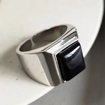 BOCAI Нови бижута 100% днешно s925 чисто сребърен пръстен за мъже тежка промишленост естествен черен ахат правоъгълно мъжки пръстен