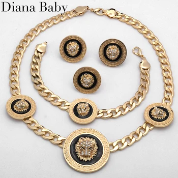 Diana Baby Комплект Бижута Бразилски Африкански Черен Маслен Дизайн На Главата На Лъв, Обеци, Колие, Гривна Пръстен Брънка На Веригата За Жени На Вечер