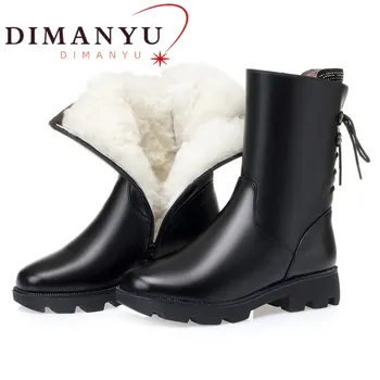 DIMANYU/Зимни дамски ботуши от естествена кожа и естествена вълна, дамски обувки, Нескользящие Лъскави, Големи Размери 41, 42, 43, Модни дамски Зимни обувки
