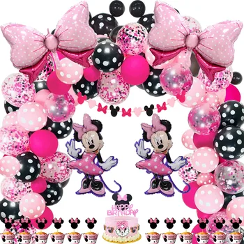 Disney Мини Маус Въздушен Балон Венец Арка Комплект Розово Лък Розово-Червени Балони Момиче Рожден Ден Украси Бебешки Аксесоари За Душ