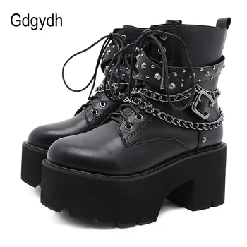 Gdgydh/2022, черни ботильоны в готически стил, женски ботильоны на високи токчета, дамски обувки дантела, черни Пикантни къси ботуши с нитове и веригата 0