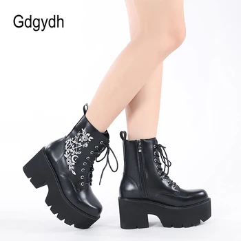 Gdgydh/Модни Армейските обувки на платформа с бродерия; най-разполага с магически обувки в готически стил на дебелите ток; сезон Пролет-Есен; веганские Обувки до средата на прасците от изкуствена кожа