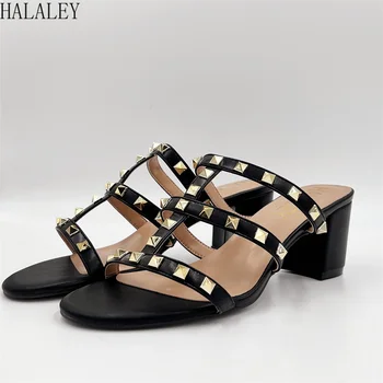 HALALEY/Нови Модни дамски чехли на висок ток 6 см с нитове, дамски Сандали с отворени пръсти от черна Кожа на дебелите обувки, летни чехли 34-43