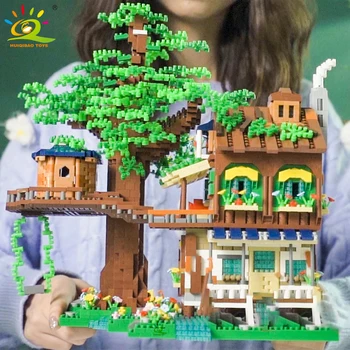 HUIQIBAO Елфи Зелено Дърво Къща Мини Строителни Блокове MOC Микро Тухли Играчки за Деца Приятели на МОМЧЕТО направи си САМ Град Гледка Към Улицата Модел