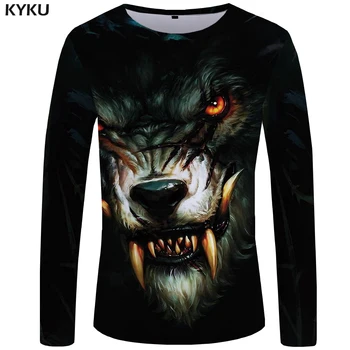 KYKU Wolf тениска Мъжка риза с Дълъг ръкав Черна Градинска Тениска Тенденция Готино Животно Пънк Рок Мъжки Дрехи С Къс Ръкав