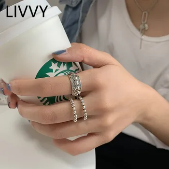 LIVVY Сребърни Двуслойни Пръстени-на Веригата за доставки в Грах Сребрист Цвят за Жени, Висококачествени, Фини Елегантни Бижута на Широк пръст