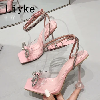 Liyke/размери 35-41; Модни дамски Прозрачни Сандали с Лък и Кристали; летни Вечерни Сватбени Обувки На Висок ток, За Банкета; модел обувки