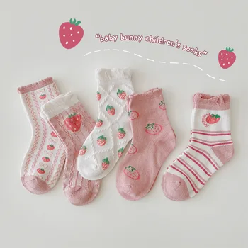 MianS/ 5 чифта детски памучни чорапи, есенно-зимни розови чорапи с ягоди за малки момичета, детски сладки чорапи с герои от анимационни филми от 3 до 5 години
