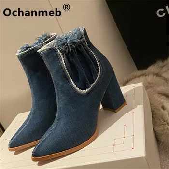 Ochanmeb/Големи Размери 46, женски и сини дънкови ботуши, дамски къси ботуши от плат деним на висок дебел ток, обувки с остри пръсти, есен-зима