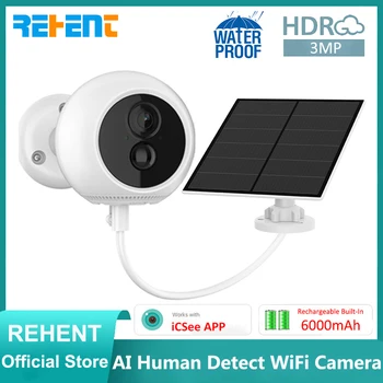 REHENT 100% Беспроволочная 3-Мегапикселова камера, WiFi Външна камера AI Human Detect Security Surveillance Със Слънчева Акумулаторна батерия 6000 mah Cam