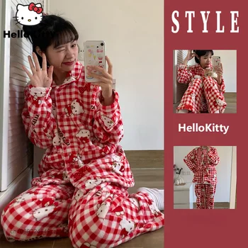 Sanrio на Hello Kitty Нов Червено Домашно Облекло в Клетката Y2k, Модерен Жилетка, Блузи, Панталони, Плюшен Пижами, Костюми, Дамски Дрехи За Сън, Комплекти от 2 теми 0