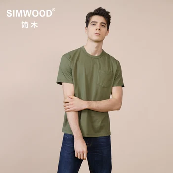 SIMWOOD 2022 Лятна Нова Однотонная Мъжка тениска 100% Памук С Бродерия Букви Отличителни Джобове Върховете Плюс Размер Удобна Тениска