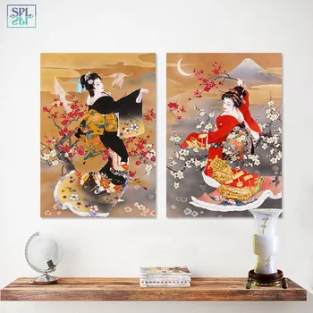 SPLSPL Японски Стил на Снимки на Цветя Сливи Платно Картина Ретро Кимоно Дама Стенни Художествена Картина за Хола Декорация на Дома