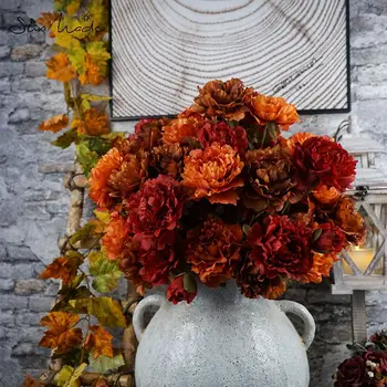 SunMade 3-Главоболие Голяма Клонка Божур Изкуствени Цветя за Декорация на Хола Сватбен Есенния Декор Договореност направи си САМ