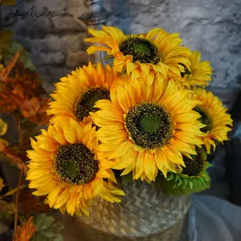 SunMade 7-Heads Луксозен Голям Букет От Слънчогледи Изкуствени Цветя Есенния Декор Саксии За Цветя Декоративна Украса На Хола