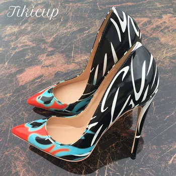 Tikicup/ Дамски лачени обувки с остър пръсти и Принтом Графити На Изключително Висок Ток, Чубрица обувки-лодка без закопчалка, Шикозни дамски официални обувки на висок ток 0