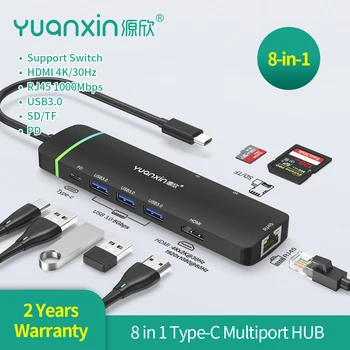 Yuanxin 8 в 1 Тип C ХЪБ към HDMI 4 КЪМ PD 60 W SD/TF RJ-45 1000 Mbit/USB3.0 Докинг станция Аксесоари за Преносими компютри Адаптер за Macbook pro