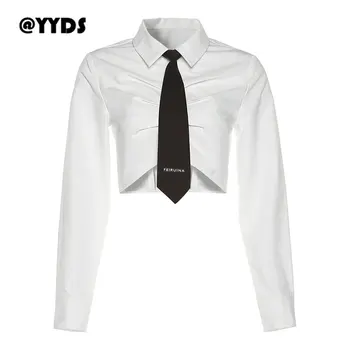 @YYDS 2022 Есен Нова Дамски Однотонная Тънък Модерен тениска с Ревера и пъпна връв с дълъг ръкав