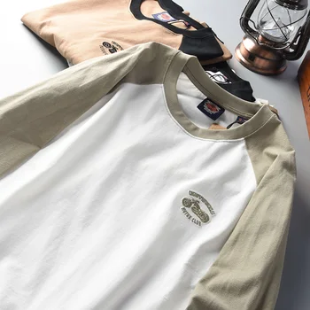 Американската Ретро Тениска с Дълъг ръкав и кръгло деколте, Контрастная риза с бродерия, Мъжка Мода, 100% Памук, Стари Ежедневни Спортни Върхове