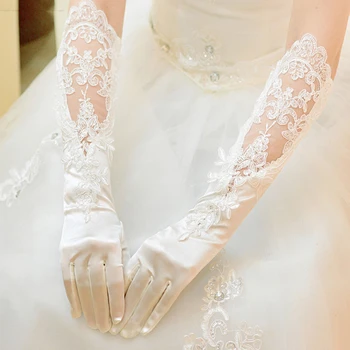 Високо качество на Дълги Сватбени Ръкавици от Сатен с Дантела Сватбени Аксесоари, Сватбени Ръкавици с цвят на Слонова Кост