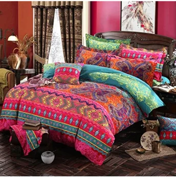 Геометричен комплект спално бельо (чаршаф + чаршаф + Калъфка) Двойно легло Twin Full Queen King Size синьо-оранжев цвят в стил Бохо