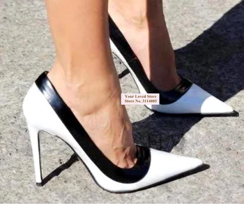 Дамски бели/черни обувки от матирана кожа в стил мозайка на висок ток 12 см, 10 см, 8 см, обувки-лодка с остри пръсти, без закопчалка, Банкетная Обувки