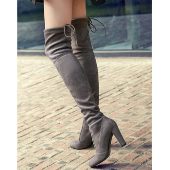 Дамски ботфорты над коляното от изкуствен велур, Пикантен дамски обувки на висок ток с шнур, Дамски Високи ботуши Botas 34-43, дамски високи ботуши