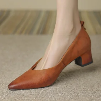 Дамски модел обувки без шнур от овча кожа на ток 4 cm във френски стил ретро, удобни обувки на среден ток, Пролет-Есен, офис дамски обувки-лодки, Размер 40 0