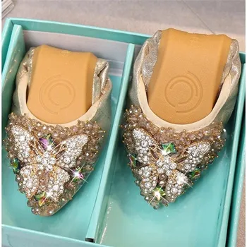 Дамски обувки на плоска подметка с възел-пеперуда, Ежедневни балет обувки с пайети, обувки-лодка с кристали, Маратонки, Женски Zapatos De Mujer 33-45