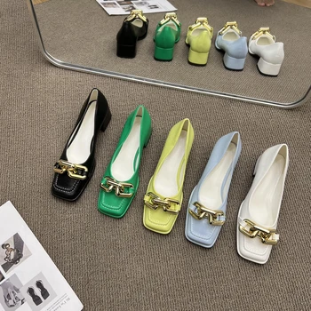 Дамски обувки с квадратна метална верига от ярки цветове, дамски обувки 2022 година, пролетно-есенна дамски обувки на висок дебел ток с отворени пръсти, Baotou 0