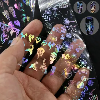 Дизайн на ноктите холографски ролка нокти алуминиево фолио пламък глухарче панда бамбук пеперуда нокти превод вода стикер апликация за нокти 0