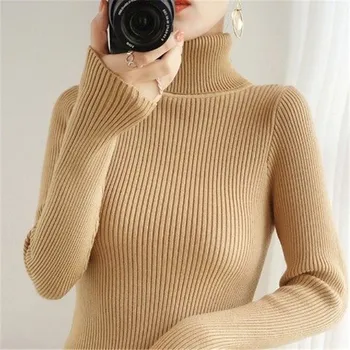 Есенно-зимен класически универсален пуловер с висока воротом, дамски приталенная трикотажная долната риза с дълги ръкави