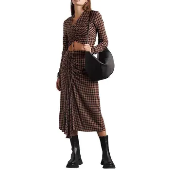 Жена асиметричен карирани комплект с дълъг ръкав, къса блуза + ежедневна пола midi