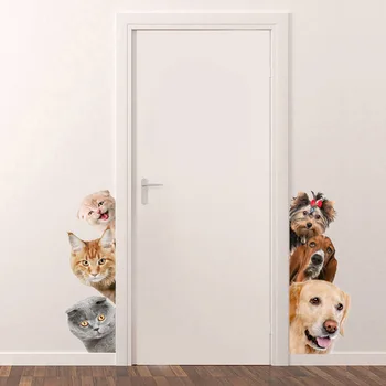 Забавен 3D Котка Куче Вратата Стикер На Стената За Детска Стая Спалня Начало Декор на Фона Художествени Стикери за Украса на Стаята Сладък Животни Етикети