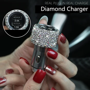 Зарядно за кола Crystal Diamond Dual USB С Led Дисплей, Запалки, Универсален Автомобилен Кабел за Предаване на Данни на Мобилния Телефон за Xiaomi iPhone