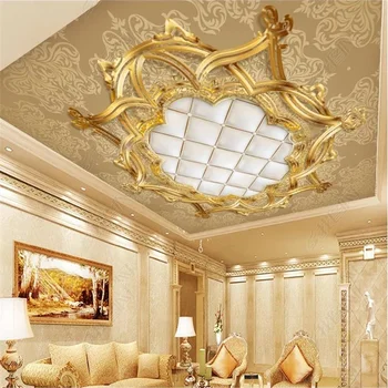 Златни 3D Таван Тапети с Дизайн в европейски стил, мека чанта, тапети за хол, спалня, 3d тапети таван, домашен декор
