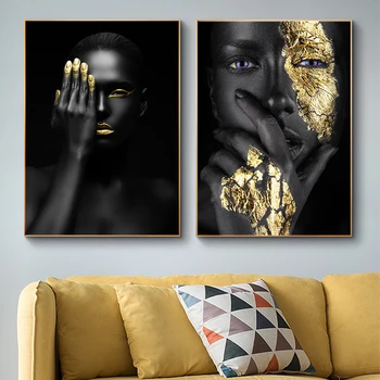 Златни Устните Очите на Голо Африка Черна Жена Портрет Платно Картина, Плакат и Щампи Куадрос Стенни Художествена Картина за Хола